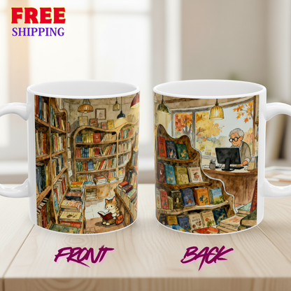 Cozy Bookshop Cat Mug